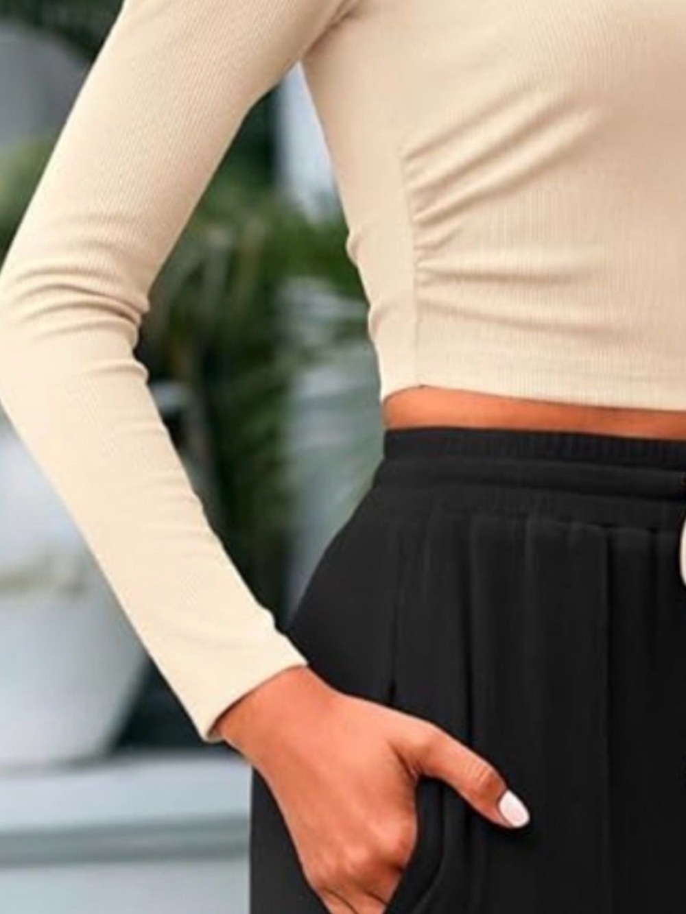 BTFBM Ribbed Long Sleeve Crop Top in Light Beige - XL
